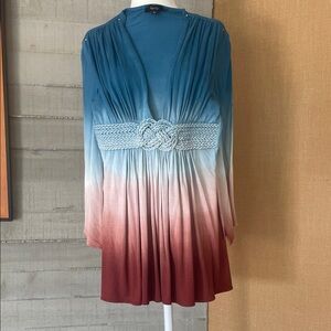 Boho Dip-Dye Knit Waist Detail top - ombré Teal, Cream & Rust